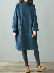 Women Retro Loose High Collar Casual Dress