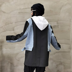 Split-Joint Denim Hooded Printed Sweatshirt