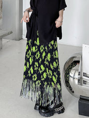 Floral Stamped Pleated Tasseled High Waisted Skirts Bottoms