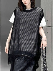 Hollow Pure Color Sun Protection Tasseled Roomy Sleeveless Round-Neck Vest Top