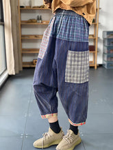 Retro Literary Contrast Color Patch Plaid Casual Pants