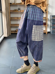 Retro Literary Contrast Color Patch Plaid Casual Pants