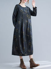 Retro Print Round Neck Loose Midi Dress