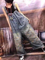 Vintage Denim Embroidered Wide Leg Jumpsuits