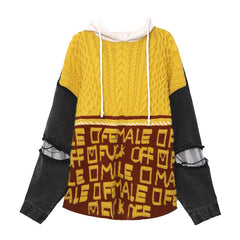 Retro Hooded Loose Sweater Stitching Denim Contrast Hole Sweatshirt