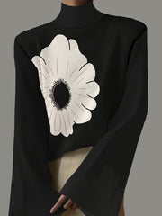 Flared Sleeves Flower Print High-Neck T-Shirts Tops