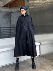 Women Lapel Solid Color Long Sleeve Loose Dress