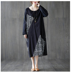 Retro Round Neck Print Midi Dress