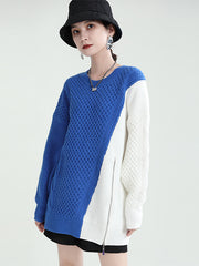 Simple Loose Color-Block Zipper Knitted Sweater