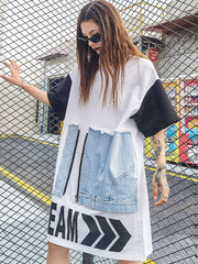 Letter Print Stitching Short Sleeve Loose Dress