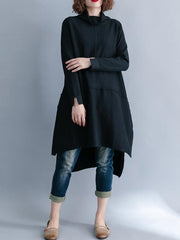 Solid Loose Turtleneck Asymmetric Mid-Length Sweatshirt