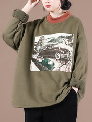 Car Printed Loose Thick Sweatshirt