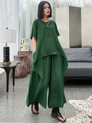 Urban Solid Round-Neck T-Shirt&Wide Leg Pants Suits