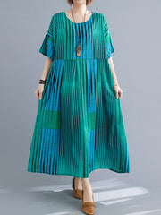Women Striped Loose Print Short Sleeve Dress