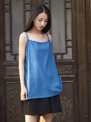 Spaghetti-neck Solid Color Ramie Cotton T-shirt