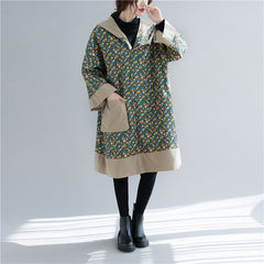 Floral Printed Hooded Thick Midi Dress