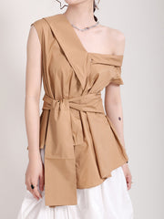 Women Lace Up Big Bow Irregular Slanted Shoulder Shirt