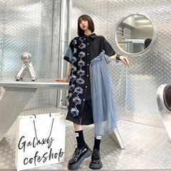 Shirt Stitching Net Gauze Platycodon Print Midi Dress