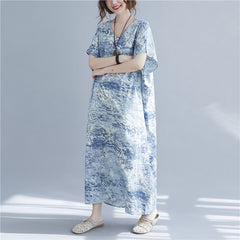 V-Neck Printed Short Sleeves Maxi Dress