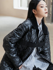 Simple Black Loose Solid Color Plaid Cotton Outwear