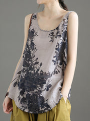 Retro Round Neck Print Camisole Casual Vest