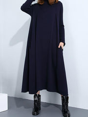 Loose Plain Stand Collar Knit Midi Sweater Dress