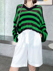 Stripe Clash V-Neck Short Long Sleeve Top