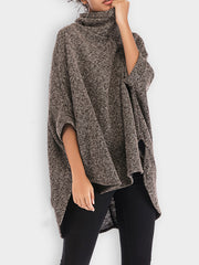 Batwing Sleeves High-Low Solid Color High Neck Knitwear Pullovers Sweater Tops