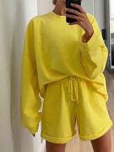 Women Long Sleeve Round Neck Loose Top Shorts Two Piece Set