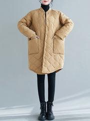 Women Stand Collar Plaid Solid Color Casual Coat