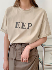 Women Round Neck Letter Print Loose Casual T-Shirt