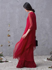 Two Pieces Silk Red Cropped Long Dress