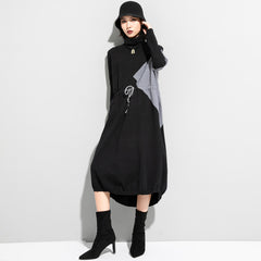 High Neck Knit Color Block Drawstring Midi Dress