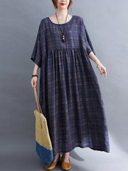 Round Neck Half Sleeves Plaid Maxi Dress