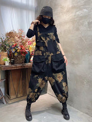 Retro Loose Printed Jumpsuit With Big Pocket