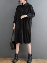 Solid Color Stitching Long-Sleeved Shirt Midi Dress