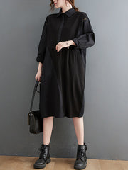 Solid Color Stitching Long-Sleeved Shirt Midi Dress