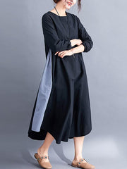 Loose Simple Black Split-joint Round-neck Long Dress