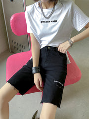 Straight High Waist Slim Letter Embroidered Hole Shorts