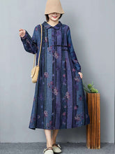 Vintage Lapel Printed Half Cardigan Midi Dress
