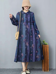 Vintage Lapel Printed Half Cardigan Midi Dress