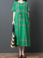 Loose Plaid Splicing Round Neck Dress
