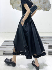 Urban Mesh Split-Joint Falbala Hollow High Waisted Black Skirts
