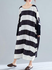 Black And White Striped Bat Sleeve Loose Dress