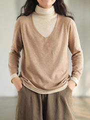 Winter Retro Women Knitted Top Wool Blend Fake Two-Piece Sweater