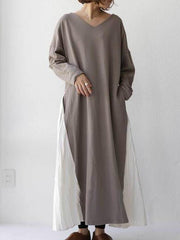 Color Match V-Neck Solid Color Big Hem Stitching Loose Dress