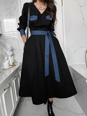 Retro Lace-Up Long-Sleeve V-Neck Midi Dress