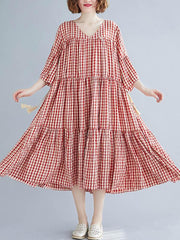 Loose V-Neck Graceful Plaid Midi Dress