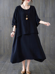 Loose Solid Color Round Neck Midi Dress