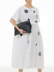 Roomy Short Sleeves Gauze Pleated Polka-Dot Stamped Split-Joint Round-Neck Midi Dresses